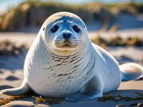 Fattest seal, adorable face, fluffy white fur, tiny nose, big round eyes, sitting posture, paws together, beach scene, sunny day, clear blue sky, gentle waves, sandy shore, seaweed scattered, driftwoo