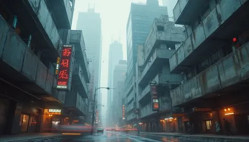 Urban commercial districts, brutalist architecture, concrete jungle, skyscrapers, geometric shapes, abstract forms, rough textures, cold tones, neon lights, cityscape, metropolitan atmosphere, busy st