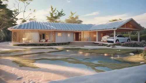 a car parked in front of a house,prefab,pool house,3d rendering,prefabricated,prosperindo,promyamyai