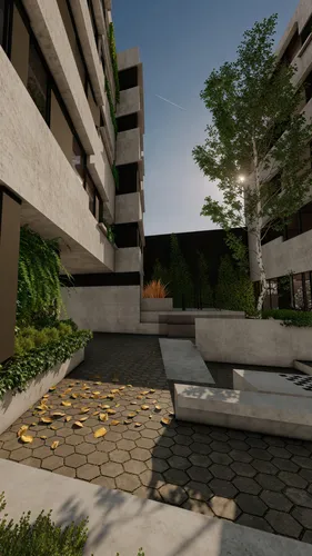 mejorame la imagen ,3d image of modern outdoor living area,courtyard,courtyards,paved square,concrete,rendered,render,paving slabs,concrete slabs,landscaped,ravines,block balcony,cobblestone,renders,d