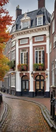 Cape Dutch architecture, historic building, ornate facade, curved gables, decorative shutters, rustic roof tiles, white plaster walls, wooden doors, antique lanterns, cobblestone streets, autumn folia