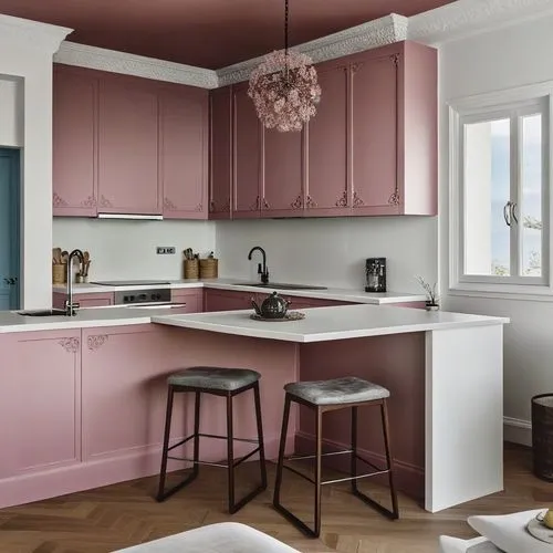 a modern kitchen with a light pink color scheme,kitchen design,kitchen interior,modern kitchen interior,kitchenette,modern kitchen,kitchen