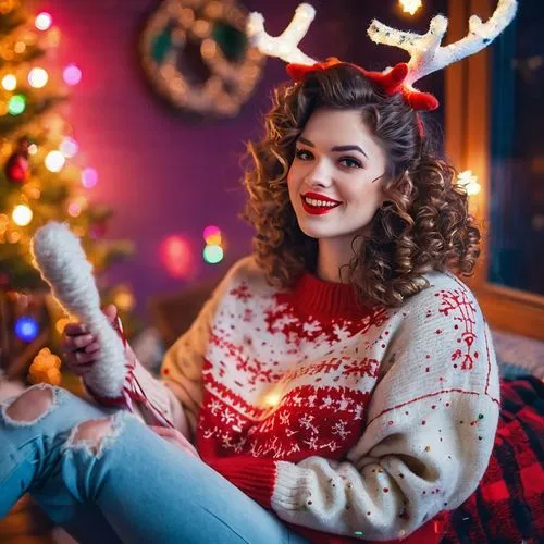 Christmas-themed designer, creative, adult woman, curly brown hair, bright red lipstick, festive reindeer antlers headband, warm beige sweater with snowflake patterns, white fur trim, ripped jeans, bl
