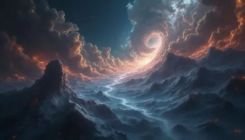 гиперболоид,an artwork that resembles mountains are seen in the night,fractal environment,nebula,vast,nebula 3,vortex,space art,spiral nebula,ascendent,rift,fractals art,fractals,nebulae,lava,fractal,