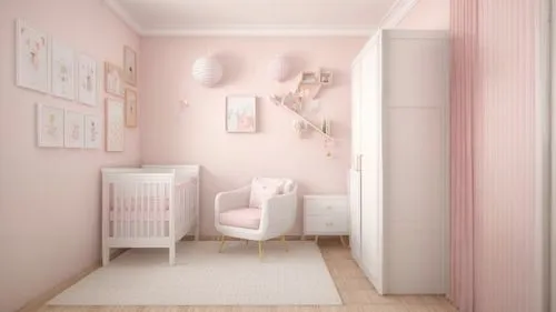 Berço Branco, Armario rosa e branco, brinquedos no tapete, parede com papel de parede de nuvens, quarto de bebe menina, poltrona em linho, guarda roupas de duas portas, brinquedos no chão, armário lis