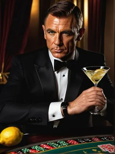 James Bond, mature man, handsome face, sophisticated expression, black tuxedo, white shirt, black bow tie, holding a Martini glass, vodka martini, shaken not stirred, lemon twist, luxurious background