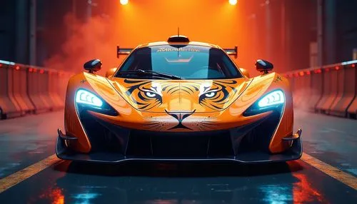 an orange car with tiger's head and tail lights is on a wet surface,tigor,mclarens,longtail,spyder,rimau,oreca,gulf,dallara,mclaren,exige,lemans,supercar,car wallpapers,electric sports car,3d car wall