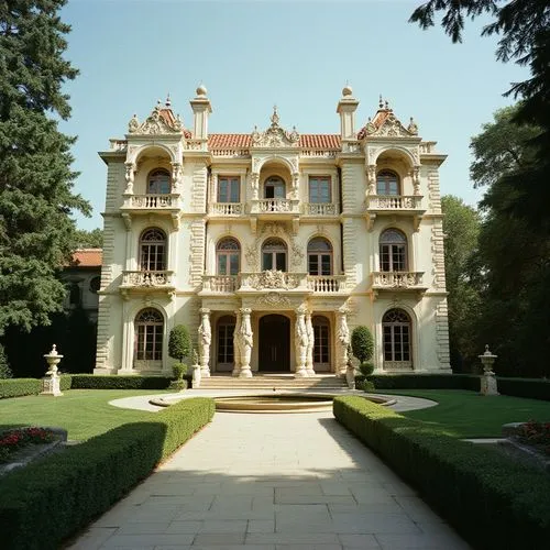 A luxurious mansion from outside. The Mansion is ornate decorations, exuding an air of sophistication and opulence.creating a striking image of elegance and exclusivity. shot on a contax G2, Kodak Por