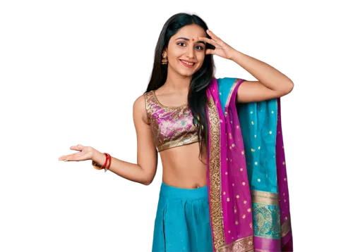 Desi Indian girl, young adult, traditional clothing, bright colorful saree, golden jewelry, nose ring, bindi on forehead, long dark hair, big brown eyes, soft smile, gentle pose, delicate fingers, hen
