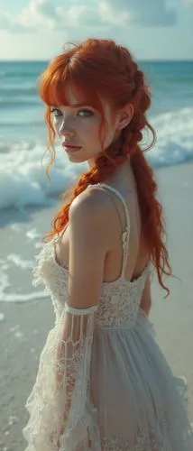 a red - haired woman poses on a beach in her dress,redhead doll,redheads,redheaded,little mermaid,redhead,red head,undertow,girl on the dune,mermaid background,believe in mermaids,mermaid,the wind fro