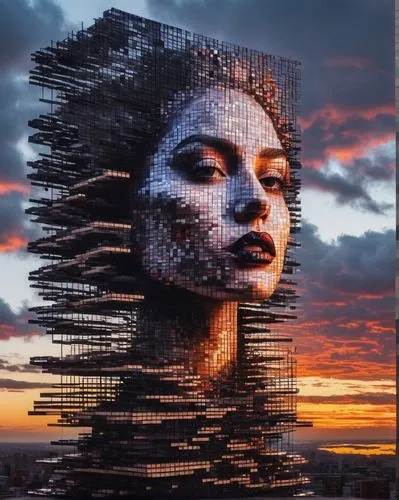 wood carven fibonaci spiral sunset  in the clouds,, pixelated image,  Transform pixelated videos into high-definition footage. black lips 
,computer art,fractalius,pixel cube,photomanipulation,digiart