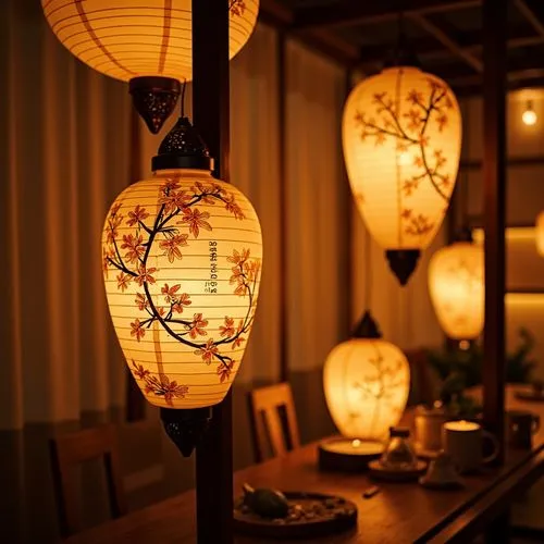 Oriental lanterns, warm soft lighting, paper lanterns, delicate cherry blossom patterns, intricately carved wooden fixtures, traditional Japanese washi paper shades, minimalist metal designs, subtle r