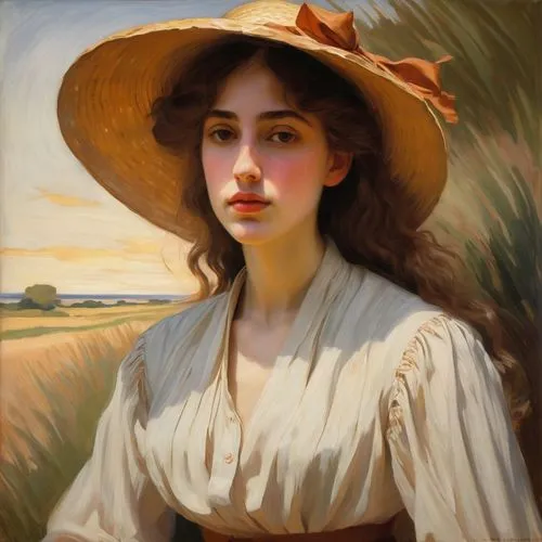 [Portrait of a young woman wearing a large straw hat, contemplative expression, serene and slightly melancholic mood], [oil painting, in the style of classical realism with a touch of romanticism], [J