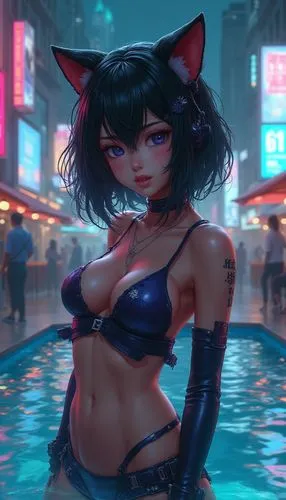 swimiing pool view of
 
 mesmerizing hyper-realistic cyberpunk illustration by Cihan Cevik, featuring a captivating female anime character sporting trendy cat ears and a head-turning futuristic outfit