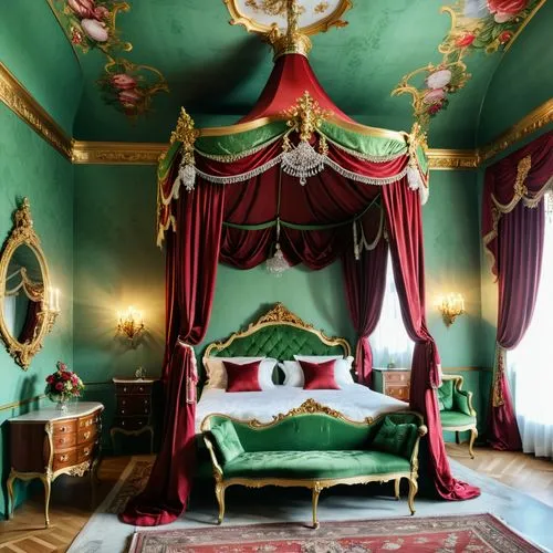 photo of a baroque palace bedroom with canopy bed, baroque classical details and ceiling ornaments, chandelier, maximalism, floral wallpaper, burgundy and green colors --ar 2:3,ornate room,rococo,roya