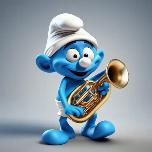 A Smurf plays a tuba. 3D comic style,smurf figure,smurf,tuba,trumpet player,trombone player,trombonist,saxophone playing man,om,trumpet,mellophone,saxophone player,jazz,trombone,chef,saxhorn,flugelhor