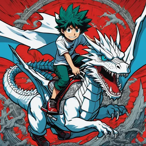 Izuku Midoreya يركب على تنين ابيض ازرق العينين,dragon of earth,dragon slayer,nine-tailed,dragon slayers,my hero academia,dragon li,dragon,dinokonda,green dragon,dragon design,wyrm,sakana,matsuno,black