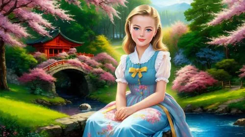 Romantic masterpiece oil painting, cute girl portrait, nostalgic 1950's style kitsch, beautiful exotic rural vast Japanese landscape, cherry blossom scenery, Shinto Japanese sakura, flower petals, by 