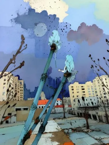 Весенний городской пейзаж,an artistic illustration shows an old city in the distance,blue rain,demolitions,falling objects,blue painting,disintegration,photo painting