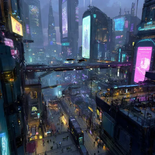A cyberpunk city at golden hour, sunlight filtering through smog to bathe skyscrapers in warm light. Slowly pan across the skyline, highlighting the contrast between neon billboards (pulsing with colo