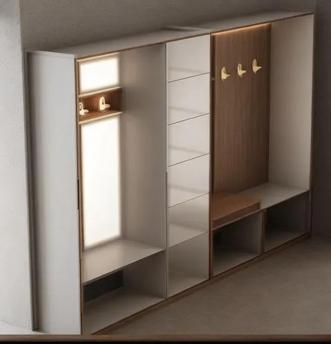 an open cupboard has three shelves with gold handles,walk-in closet,storage cabinet,garderobe,wardrobes,cupboard,schrank,dumbwaiter,minibar,highboard,closets,cabinetry,armoire,3d rendering,cupboards,h