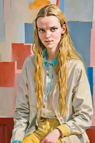 the portrait  woman with long  wet  hair, Oil painting in the style of artist David Hockney,a woman with blond hair and blue eyes sits against a wall,portrait of a girl,girl with bread-and-butter,girl
