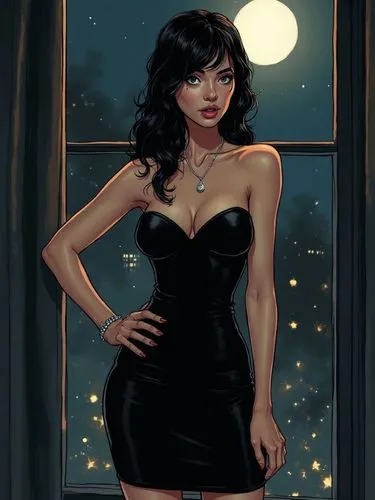 ((lineart|(COMIC ART))
,arafed woman in a black dress posing in front of a window, wearing a tight black dress, seductive lady, she is wearing a black dress, wearing black dress, black dress, sexy dre