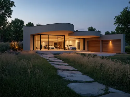 Photorealistic architectural visualization of a luxurious, contemporary off-grid 4-levels villa during the cinematic golden Hour. L-shaped residential building. The residence features sweeping, curved