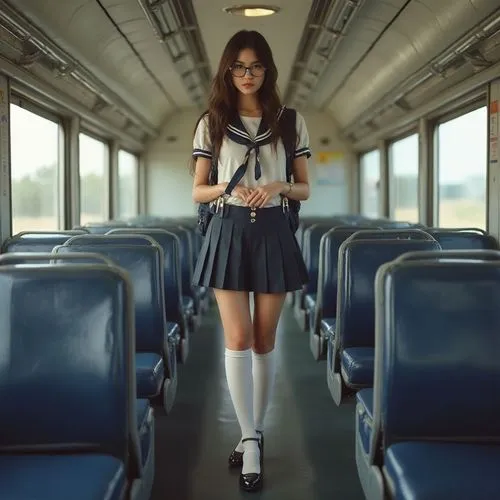 the girl wearing glasses is standing on a bus,knee-high socks,the girl at the station,train ride,train,train way,school skirt,railway carriage,trainman,white boots,railroad,train car,train seats,rail 
