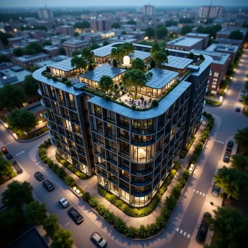 Futuristic high-rise building, sleek metallic facade, green roofs, solar panels, wind turbines, water conservation systems, eco-friendly materials, innovative cooling technologies, shaded outdoor spac