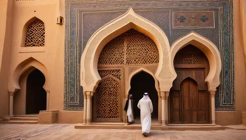 Traditional Saudi Arabian architecture, mud-brick buildings, intricately carved wooden doors, ornate Islamic geometric patterns, arched windows, white domes, minarets, grand mosque, vibrant colorful s