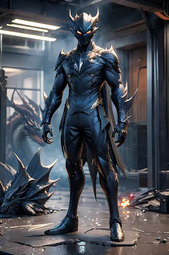 a superhero suit, the suit is black in color and based on a dragon, but it has a normalized look,minotaur,venom,garuda,steel man,oryx,3d man,grey fox,wolverine,the stag beetle,electro,jackal,3d render