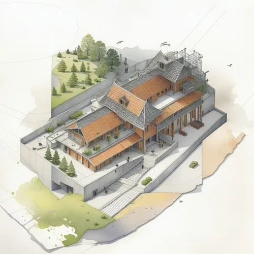 the drawing depicts the house of chinese style with its many terraces,roman excavation,town planning,house drawing,school design,development concept,roof construction,construction area,architect plan,