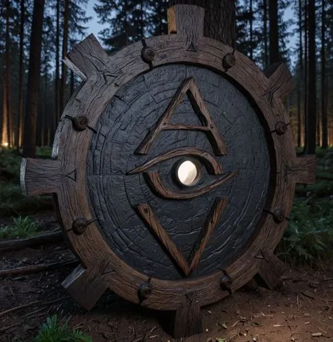 the emblem for an all seeing eye, consisting of two wooden circular elements,ark,esoteric symbol,all seeing eye,iron wood,wooden arrow sign,triad,artifact,allies sculpture,illuminate,animus,circular s