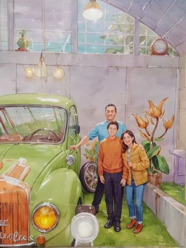 С емья и ретро автомобиль,a painting of two people and a green car,tin toys,drive in restaurant,cartoon car,car showroom,beetles,car salon