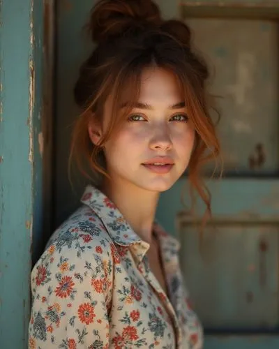 3/4 shot, photograph of a woman with a voluminous messy bun hair, auburn highlights, wearing a button down collared blouse with a colorful floral pattern, busty, leaning up against worn barn door, hea