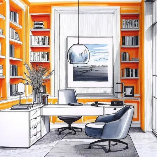an orange room with built - in shelves and a desk,study room,danish room,consulting room,bookshelves,reading room,orange