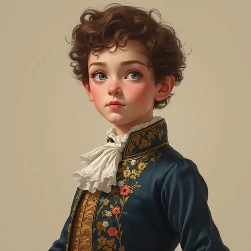 A noble, photorealistic digital illustration or photograph in an 18th-century French aristocracy, Renaissance, and historical portrait-inspired style, featuring a young boy in an ornate aristocratic o