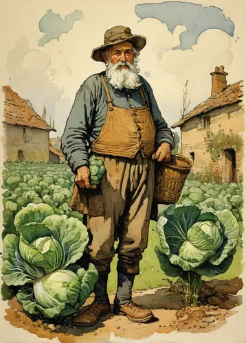 The Gardener - Old Peasant with Cabbage, 1895 — Camille Pissarro,,picking vegetables in early spring,giant rhubarb,farmer,savoy cabbage,pak-choi,permaculture,vegetable field,vegetables landscape,cruci