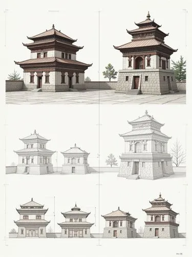 A diagram showing the process of building with each step represented by different architectural sketches and digital construction models of building structures and dimensions. The left side features t