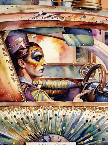 Мужчина в театральном костюме и гриме,a car is painted in bright colors and with some decorations on the front,watercolor painting,woman in the car,drive,cabdriver,witch driving a car,driver