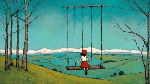 girl on a swing in the mountain,empty swing,hanging swing,hanged,wooden swing,swing set,swing,swings,garden swing,hanged man,tree with swing,marionette,tightrope,wind chime,tightrope walker,wind bell,