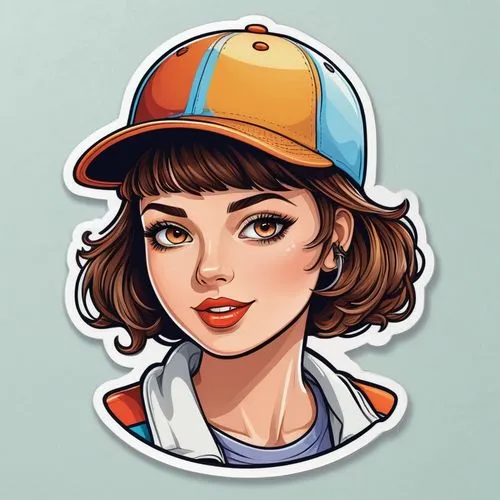 a  detailed sticker, white gal with brown hair, very short haircut, wearing a technicolor baseball hat, Light Pure background,retro girl,retro woman,flat blogger icon,vector girl,retro women,vector il
