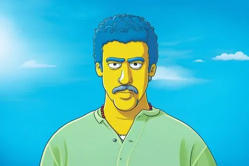 the man with a mustache in front of a blue sky,serj,stampfel,gurukiran,anbumani,subgenius,csupo,bart,devendra,apu,simpson,yakaghund,erap,shanmugaratnam,udwan,simpsons,vonnegut,zappa,haasan,daggubati,r