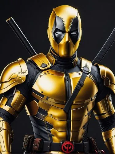 golden deadpool cyberpunk samurai warrior style, gold sleek metallic color scheme, futuristic

,kryptarum-the bumble bee,wolverine,yellow and black,deadpool,x-men,yellow jacket,marvel figurine,crossbo