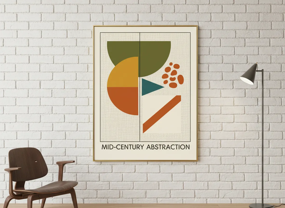 Ein gut komponiertes abstraktes Poster der Mid-Century Moderne mit ausgewogenen Formen und Farben, geeignet für professionelle Innenarchitektur.