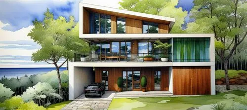 a painting of a house on the side of a mountain,inverted cottage,cubic house,tree house,modern house,wooden house,home landscape,prefab,smart house,holiday villa,frame house,house drawing,cube house,m