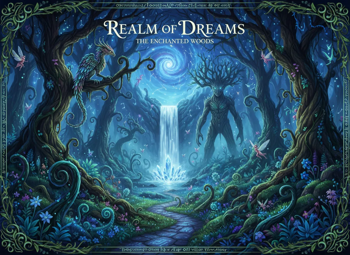 एक AI-जनित पोस्टर जो एक घने, जादुई जंगल के दृश्य को प्रदर्शित करता है जिसमें मुड़ी हुई बेलें, जादुई जीव, और एक रहस्यमयी प्रकृति की पृष्ठभूमि जैसे जटिल विवरण हैं।