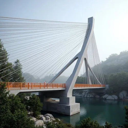 Innovative suspension bridge, sleek cable-stayed design, modern steel beams, gleaming white paint, iridescent LED lighting, misty morning atmosphere, serene riverbank setting, lush greenery surroundin