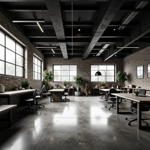 Monochromatic workshop interior, industrial chic aesthetic, exposed brick walls, polished concrete floors, minimalist decor, sleek metal beams, modern wooden tables, ergonomic chairs, abundant natural